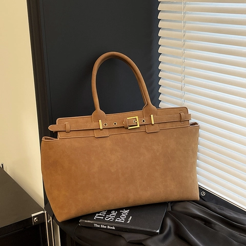 Damen Große Kapazität Wildleder Tote Bag Vintage Handtasche Mit Schnallengurt Pendler Umhängetasche Matte Textur