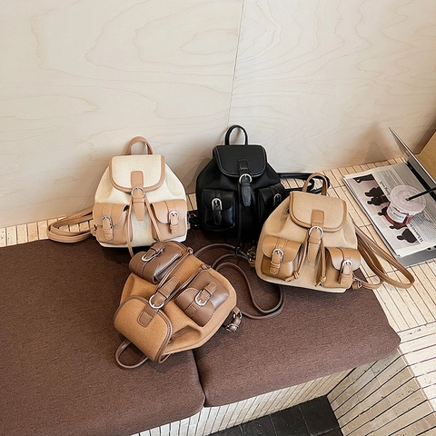 Vintage Canvas PU Leder Mini Rucksack Damen Mehrere Taschen Kordelzug Flip Cover College Stil Lässiger Pendler Rucksack
