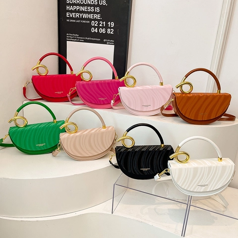 Lussuosa Borsa a Sella in Pelle PU per Donna Con Trama a Onde e Manico in Metallo Dorato Borsa a Tracolla Retrò a Mezzaluna