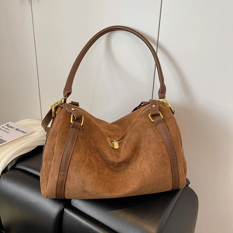 Große Kapazität Frosted Wildleder Tragetasche Für Damen Vintage Urban Pendler Schulter Umhängetasche Retro Boston Handtasche