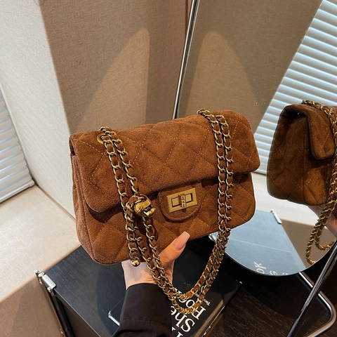 Gewatteerde Crossbodytas Voor Dames Fluweel Suede Look Kleine Vierkante Schoudertas Gouden Ketting Verstelbare Metalen Bal