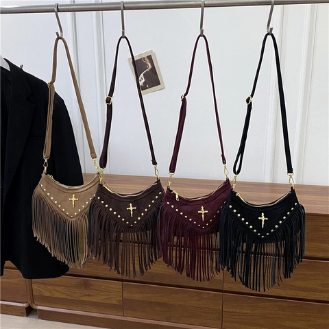 Women Vintage Bohemian Tassel Crossbody Bag With Rivets And Cross Suede Texture PU Leather Shoulder Bag For Casual Travel