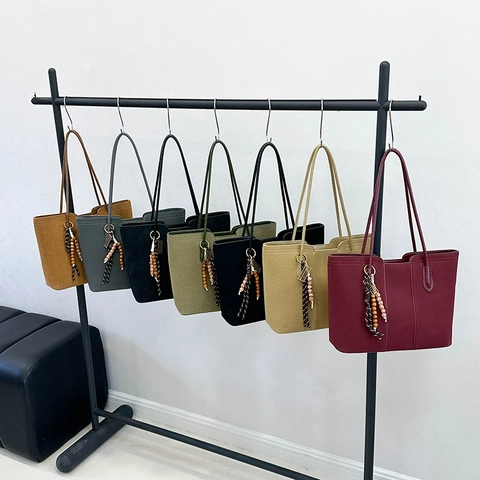 Borsa a Spalla Vintage Minimalista in Pelle Scamosciata Opaca da Donna Grande Borsa Tote Con Nappa di Perline Per Ufficio