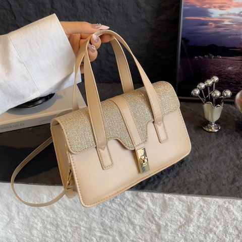 Small Square Crossbody Bag For Women Glitter Sequin Patchwork PU Leather Handbag With Gold Metal Lock Top Handle Commuter Casual