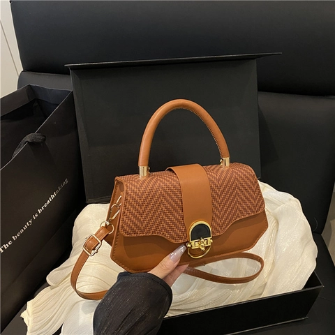 Fashion Women Woven Patchwork Crossbody Bag PU Leather Small Square Handbag Retro Commuter Shoulder Bag With Metal Latch