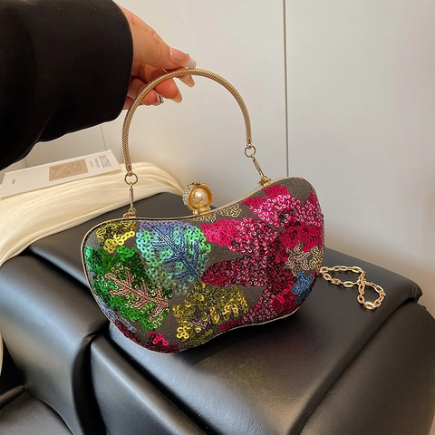 Vintage Damen Abendtasche Pailletten Blumenmuster Handtasche Mit Künstliche Perlenverschluss Metallgriff Kette Clutch Bag