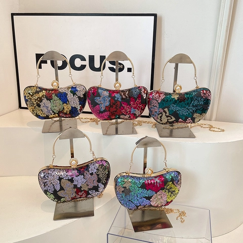 Vintage Damen Abendtasche Pailletten Blumenmuster Handtasche Mit Künstliche Perlenverschluss Metallgriff Kette Clutch Bag
