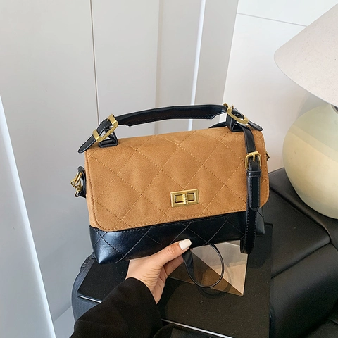Borsa a Tracolla Patchwork Trapuntata Vintage Donna Pelle PU Scamosciata Sintetica Con Lucchetto Catena Quadrata
