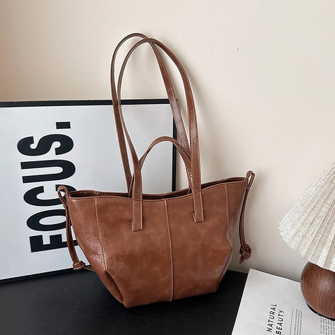 Sac Cabas Vintage En Cuir PU Brillant Grande Capacité Cordon Latéral Sac À Main Épaule Pour Femmes Trajet Quotidien Style Coréen