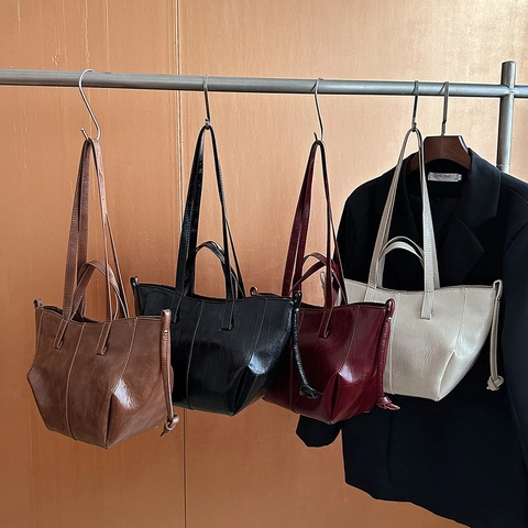 Sac Cabas Vintage En Cuir PU Brillant Grande Capacité Cordon Latéral Sac À Main Épaule Pour Femmes Trajet Quotidien Style Coréen