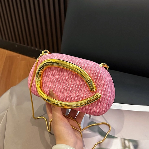 Retro Woven Texture Box Evening Bag For Women With Gold Metal Handle Removable Chain Strap Crossbody Handbag Party Purse