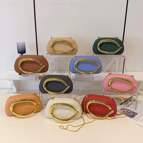 Retro Woven Texture Box Evening Bag For Women With Gold Metal Handle Removable Chain Strap Crossbody Handbag Party Purse