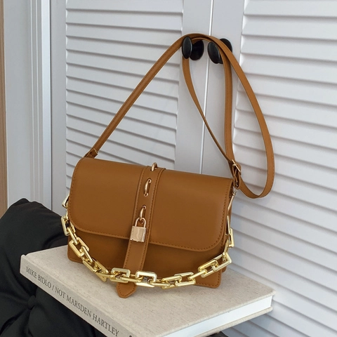 Women PU Leather Crossbody Bag Golden Chain Square Shoulder Bag Retro Lock Decor Handbag Chic Trendy