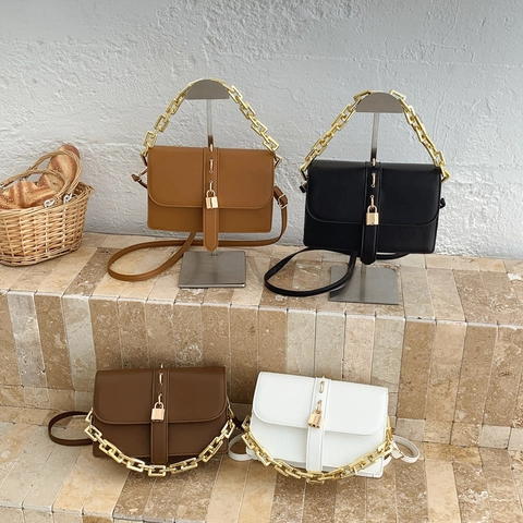Women PU Leather Crossbody Bag Golden Chain Square Shoulder Bag Retro Lock Decor Handbag Chic Trendy
