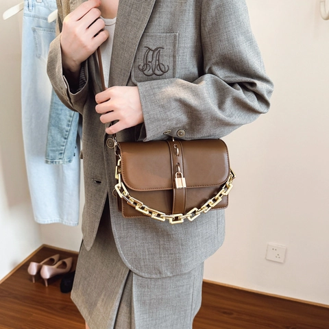 Borsa a Tracolla Piccola Quadrata in Pelle PU Vintage Da Donna Con Manico a Catena Dorata E Chiusura In Metallo Retro