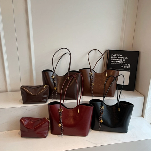 Sac Fourre-Tout Vintage En Cuir PU Brillant Grande Capacité Sac À Main Bandoulière Femme Décontracté