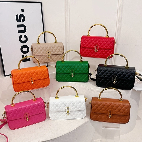 Women Quilted PU Leather Crossbody Bag With Metal Bamboo Handle Elegant Shoulder Handbag Twist Lock Fashion