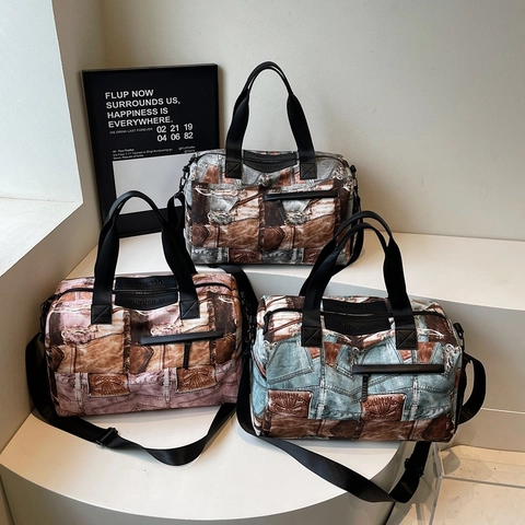 Large Capacity Vintage Denim Jeans Print Travel Duffel Bag Portable Handheld Crossbody Sports Fitness Weekend Overnighter Bag For Women Men