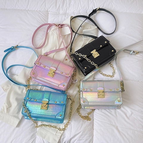 Holographic Laser PU Leather Crossbody Bag Croc Pattern Metal Chain Strap Rivet Detail Gold Lock Square Shoulder Bag For Women