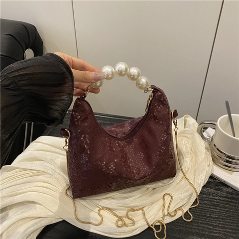 Women Crossbody Bag Artificial Pearl Handle Snake Pattern PU Leather Chain Strap Half Moon Shoulder Bag Elegant Niche Design