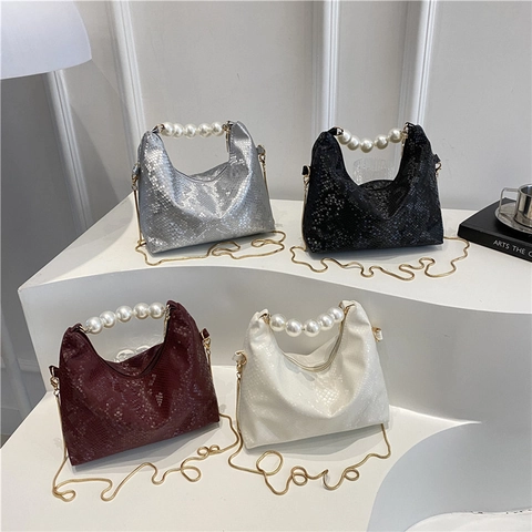 Mode Damen PU Leder Handtasche Mit Künstliche Perlen Griff Und Metallkette Schlangenmuster Reißverschluss Umhängetasche Für Den Alltag Pendeln Urbaner Stil Exquisite Tasche