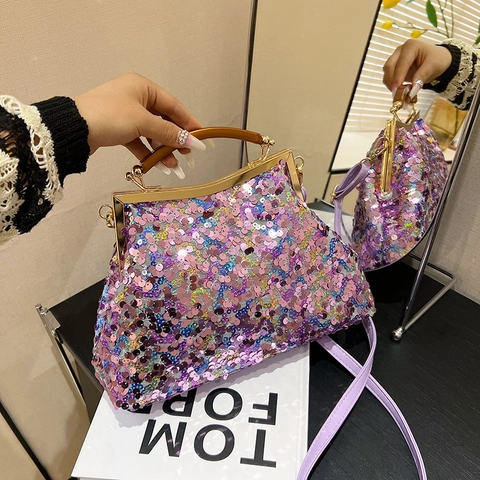 Sequin Evening Bag Retro Shell Shape Metal Frame Wood Handle Handheld Crossbody Shoulder Purse For Women Party