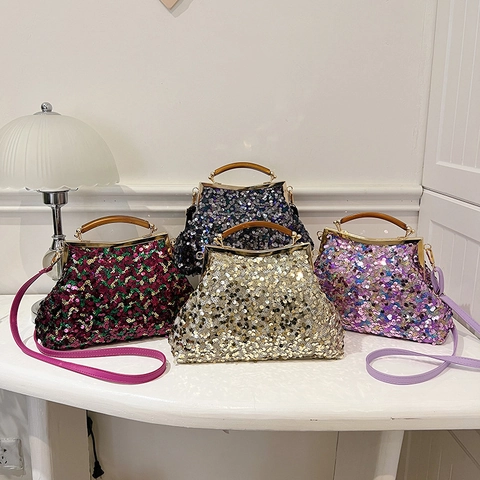 Sequin Evening Bag Retro Shell Shape Metal Frame Wood Handle Handheld Crossbody Shoulder Purse For Women Party