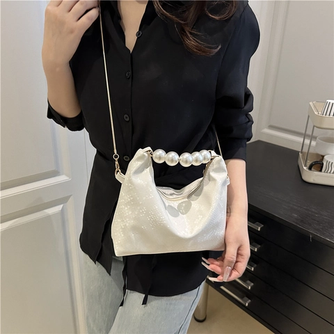 Borsa Sottobraccio in Pelle PU Motivo Serpente Retro Con Manico di Perle Elegante Borsa a Tracolla a Catena per Donna Moda