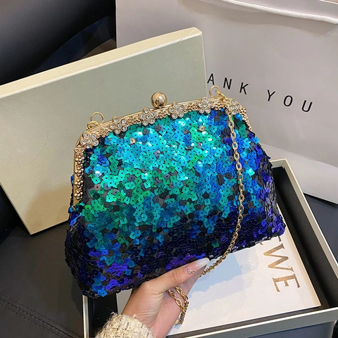 Women Sequin Evening Bag Shimmering Shell Shape Clutch With Metal Chain Strap For Wedding Party Elegant Retro Style