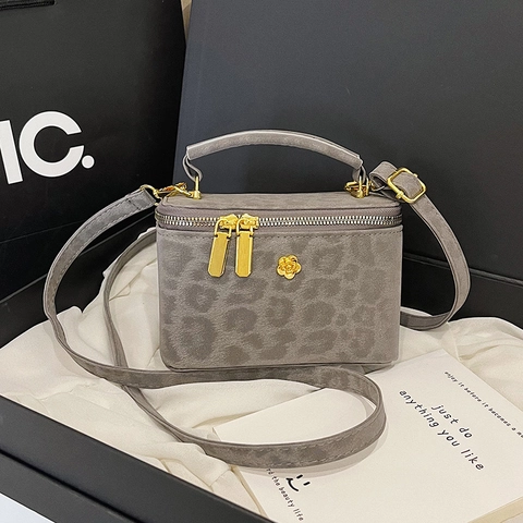Bolso Bandolera De Caja Con Estampado De Leopardo Para Mujer Vintage Bolso De Mano De Cuero PU De Gamuza Con Flor Dorada Cremallera