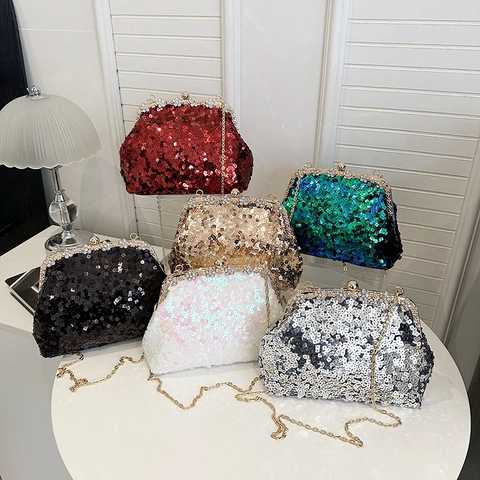 Women Sequin Evening Bag Shimmering Shell Shape Clutch With Metal Chain Strap For Wedding Party Elegant Retro Style