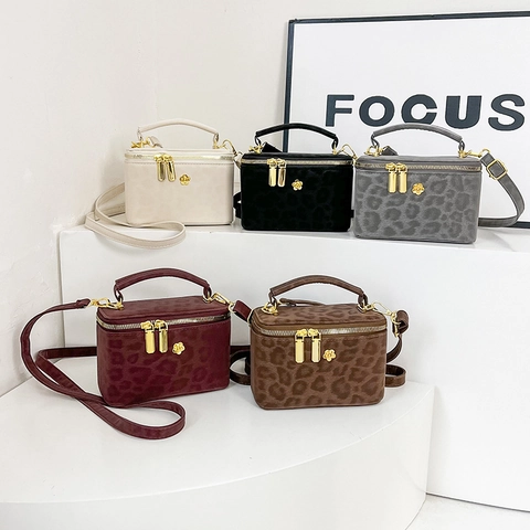 Bolso Bandolera De Caja Con Estampado De Leopardo Para Mujer Vintage Bolso De Mano De Cuero PU De Gamuza Con Flor Dorada Cremallera