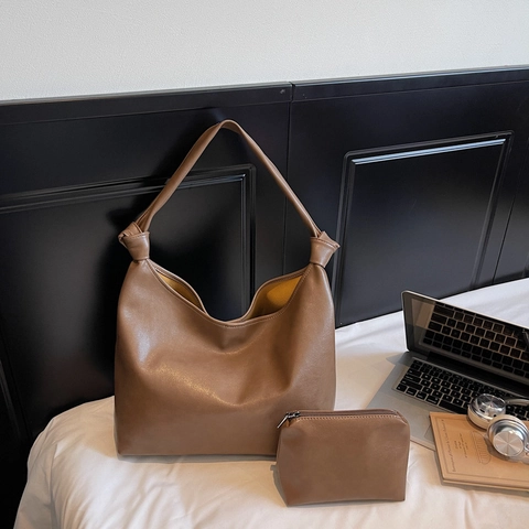 Large Capacity PU Leather Hobo Bag For Women Knotted Shoulder Strap Minimalist Chic Commuter Tote Bag With Inner Pouch