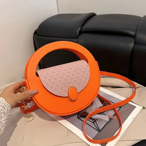 Bolso Bandolera Redondo De Cuero PU Solapa Tejida Bolso De Mano Mujer Asa Hueca Correa Ajustable Color En Contraste