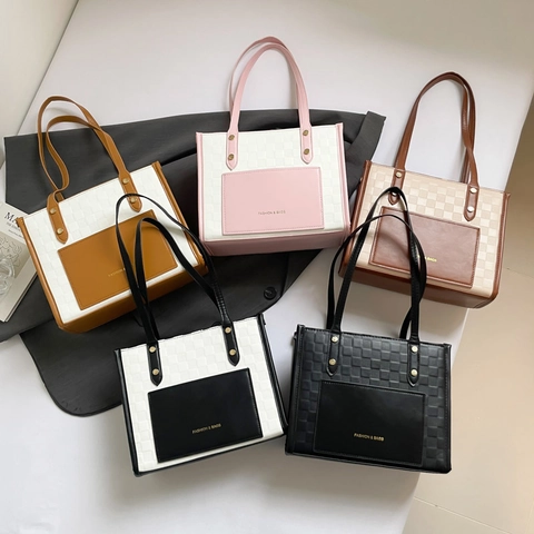 Borsa Tote Da Donna Colore A Contrasto Pelle PU Motivo A Scacchi Grande Capacità Borsa A Tracolla Per Pendolarismo Moda
