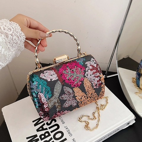 Floral Pailletten Abendtasche Mit Bambusgriff Und Kettengurt Hartschale Box Clutch Für Damen Party Hochzeit Eleganz