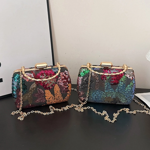 Floral Pailletten Abendtasche Mit Bambusgriff Und Kettengurt Hartschale Box Clutch Für Damen Party Hochzeit Eleganz