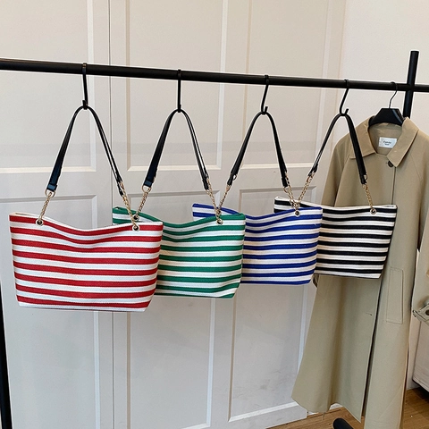 Large Capacity Women Canvas Striped Tote Bag With Gold Chain And Leather Handle Fashionable Casual Daily Shoulder Bag