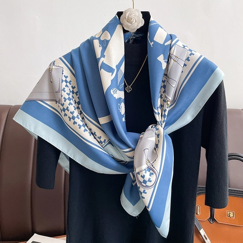 Women Large Square Satin Like Scarf Polyester Satin Printed French Elegant Luxury Fashion Decorative Wrap Shawl Bag Pattern