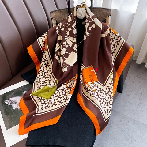 Women Large Square Satin Like Scarf Polyester Satin Printed French Elegant Luxury Fashion Decorative Wrap Shawl Bag Pattern