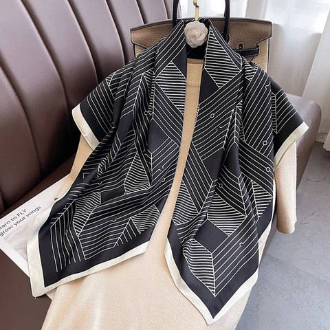 Foulard Carré À Imprimé Géométrique Grand Satin De Polyester Bordure Contrastée Châle Léger À La Mode Pour Femmes