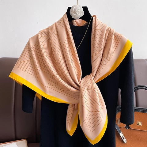 Foulard Carré À Imprimé Géométrique Grand Satin De Polyester Bordure Contrastée Châle Léger À La Mode Pour Femmes