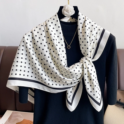 Elegant Polka Dot Satin Scarf For Women Large Square Neck Head Scarf Silky Polyester Wrap For Beach Office Daily Accessory Retro Style