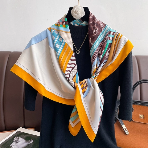 Großer Quadratischer Schal Kopftuch Polyester Satin Köper Geometrisch Abstrakt Druck Satinnähnlich Mode Accessoire Damen Umschlagtuch