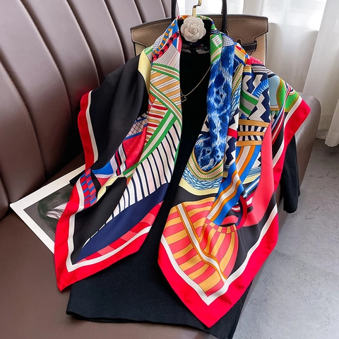 Großer Quadratischer Schal Kopftuch Polyester Satin Köper Geometrisch Abstrakt Druck Satinnähnlich Mode Accessoire Damen Umschlagtuch