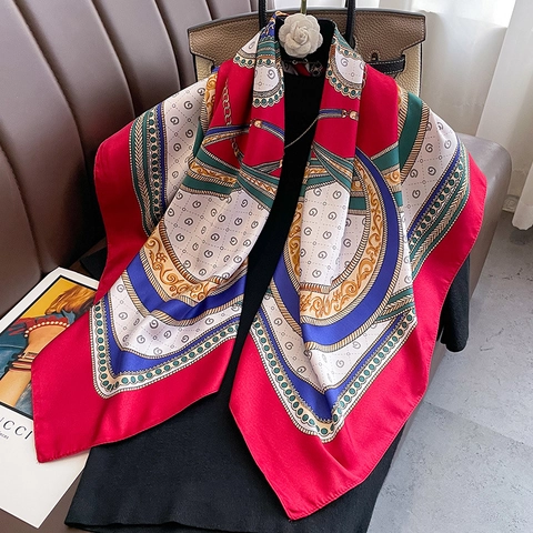 Foulard Quadrato Moda Donna Satén Effetto Raso Copricapo Retro Stampa Catena Palazzo Grande Bandana Avvolgimento Capelli