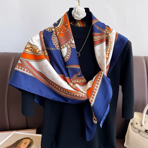 Foulard Quadrato Moda Donna Satén Effetto Raso Copricapo Retro Stampa Catena Palazzo Grande Bandana Avvolgimento Capelli