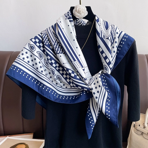 Large Square Scarf For Women Satin Like Polyester Twill Neck Scarf Retro Paisley Equestrian Print Elegant Fashion Wrap