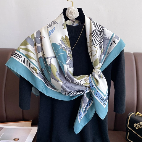 Women Large Square Scarf Polyester Satin Satin Feeling Floral Animal Print Elegant Shawl Wrap For Commuting