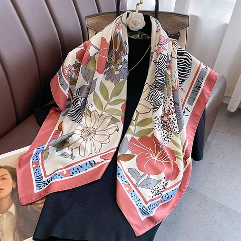 Women Large Square Scarf Polyester Satin Satin Feeling Floral Animal Print Elegant Shawl Wrap For Commuting